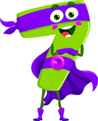 Poster - Cartoon math number seven superhero character. Isolated vector playful and charming 7 figure. Mathematics numeric super hero personage with big round eyes, a cheerful smile, and iconic defender attire