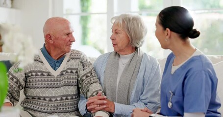 Canvas Print - Healthcare, checkup and a nurse talking to an old couple on a sofa in the living room of their home. Medical, appointment or apartment visit with a senior man and woman speaking to a young caregiver