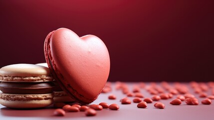 Poster - One red heart shaped macaron on red background. Generative AI.