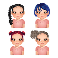 Wall Mural - Set of hairstyle for girls, girls faces, avatars, kid heads different color hair vector