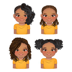 Wall Mural - Set of hairstyle for black girls, girls faces, avatars, kid heads different color hair vector