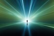 A person walking across a blurry light tunnel of a bright beam. Generative AI.