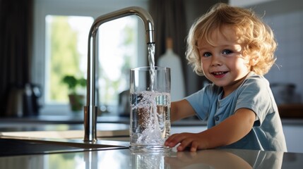 small blonde kid with glass of water. water is pouring from tap