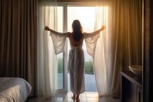 Room Hotel Luxury Curtains Opening Bathrobe White Wearing Woman Young Morning Female Window Adult Person Home Interior Open View Travel Curtain Light Girl Beautiful Lifestyle Looking Lady