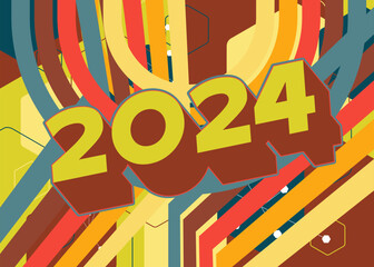Poster - Retro 70s Background with the number 2024. Groovy holiday 1970s art template. Minimalistic Vintage design poster. Old-fashioned color artwork.