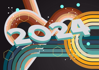 Poster - Retro 70s Background with the number 2024. Groovy holiday 1970s art template. Minimalistic Vintage design poster. Old-fashioned color artwork.