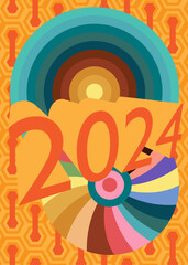 Poster - Retro 70s Background with the number 2024. Groovy holiday 1970s art template. Minimalistic Vintage design poster. Old-fashioned color artwork.