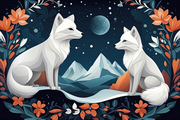 a two foxes sitting in a floral frame with mountains in the background