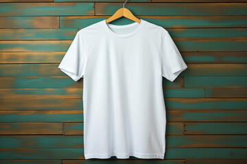 Wall Mural - White t shirt hanged on hanger with wood texture backdrop generative by ai