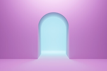 Poster - 3D rendering. Beautiful geometric arch, gate, portal. Abstract geometric arch. Round hole, entrance to the wall with a pink screen.