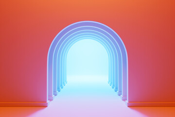 Poster - 3d illustration of a    round arch at the back on a  orange   background. A close-up of a round monocrome pedestal.