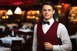 restaurant waiter Young eatery hotel isolated adult background black boss business businessman company corporate employment fashion friendly photogenic job luxury male man manager mature modern