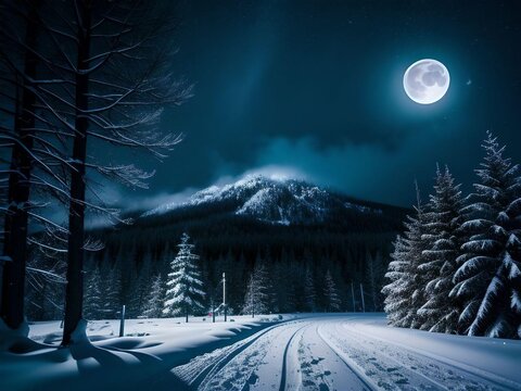 Digital Illustration of Snowy Landscape with Pine Trees and Mountains with Full Moon in The Sky Illustration