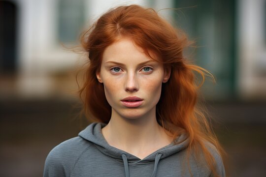 portrait outdoor face serious woman caucasian redhead young head shot hair street new urban casual a