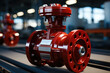 Large red valve on a shut-off industrial pipeline fitting. Generative AI.. Generative AI.