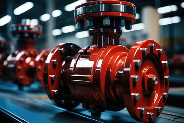 Poster - Large red valve on a shut-off industrial pipeline fitting. Generative AI.. Generative AI.