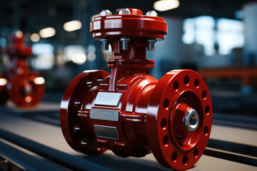Poster - Large red valve on a shut-off industrial pipeline fitting. Generative AI.. Generative AI.