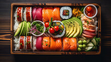 A Bento Box Filled With Different Types Of Sushi
