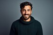 person Lucky face smile cool happy background white standing sweater casual wearing beard man handsome Young photogenic hispanic adult portrait isolated attractive male fashion attire winter studio