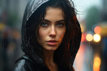 Wall Mural - Portrait of a beautiful girl standing in the rain on a street with a blurred background. Generative AI.