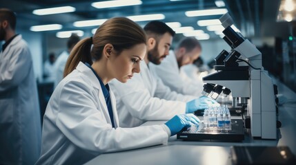 Poster - Group of medical students in research lab, Wearing white medical coat, Looking in microscope. Generative AI.