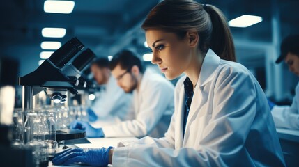 Poster - Group of medical students in research lab, Wearing white medical coat, Looking in microscope. Generative AI.