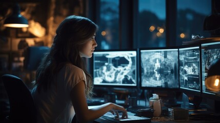 Poster - Female entrepreneur working late at her desk, Surrounded by glowing computer screens. Generative AI.