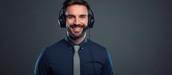 Canvas Print - Call center employee wearing a headset and smiling.