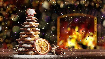 Wall Mural - Homemade Gingerbread cookies Christmas Trees with fireplace and falling glitter.