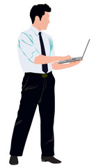 Wall Mural - Businessman is working on his laptop in isolated white background. Realistic vector illustration. 