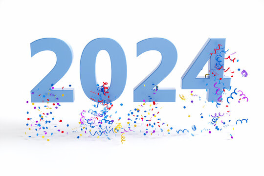 Word New Year 2024 with confetti on a white background. 3d rendering illustration