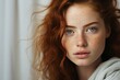 background white away looking freckles girl eyed blue Beautiful Closeup portrait Woman young dream pensive thinks freckled redhead eye tender face female expression beauty freckle attractive person