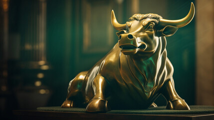 Wall Mural - protrait of golden bull statue on the table in stock market exchange, bull market concept