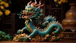 Chinese green dragon wood figure, festive background
