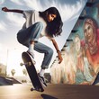 Indian woman riding a skateboard 