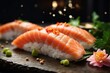Japanese sushi, [salmon nigiri] A mesmerizing image that beautifully captures the deliciousness of juicy salmon nigiri, showcasing the skill of food photography and the essence of gourm