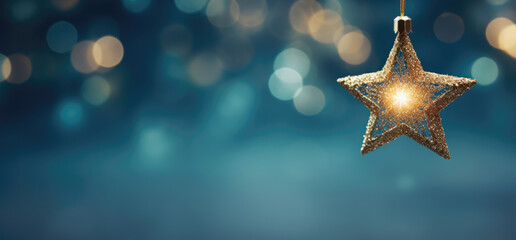 a solitary glittering gold star ornament hangs against a dreamy blue background with soft golden bok