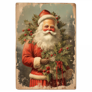 Old Vintage Christmas card with Santa Claus and Christmas tree illustration