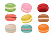 Colorful sweet macaroons or macarons dessert set collection, French biscuit dessert of almond flour, Restaurant and bakery cafe pastry, baker shop, bread, sweets. cartoon vector collection