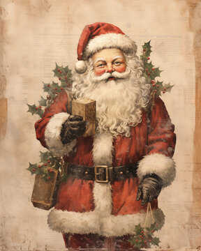 Old Vintage Christmas card with Santa Claus and Christmas tree illustration