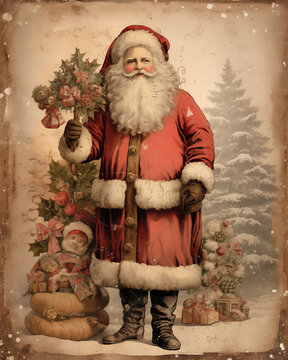 Old Vintage Christmas card with Santa Claus and Christmas tree illustration