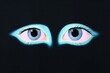 An illustration of eyes on the black background. Pink, blue, azure and aquamarine gradient of the eyes. Mysterious character. Enigmatical vibes. Trapped emotions. Psychological phenomena. Hope. Honest