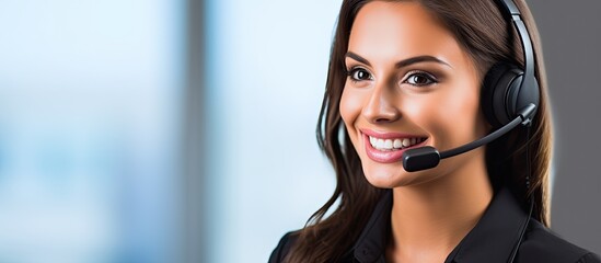 Poster - Female call center employee conversing with a customer using a headset.