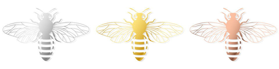 Bee Set - Bee Shape in Gold, Silver, bronze vector illustration