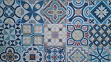 Fototapeta  - blue historical Portuguese tiles pattern Azulejo design seamless background of vintage mosaics set