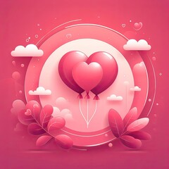 Wall Mural - Creative pink heart balloon with floral and vector clouds AI Generative