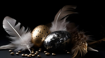 Wall Mural - silver and gold easter eggs with feathers on a dark background