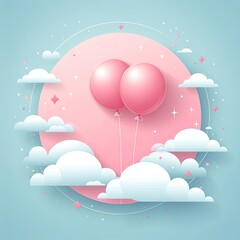 Wall Mural - Creative pink balloon with floral and vector clouds AI Generative