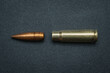 Disassembled 7.62x39mm caliber cartridge.  Bullet and cartridge case from a rifle.