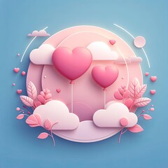 Wall Mural - Creative pink heart balloon with floral and vector clouds AI Generative